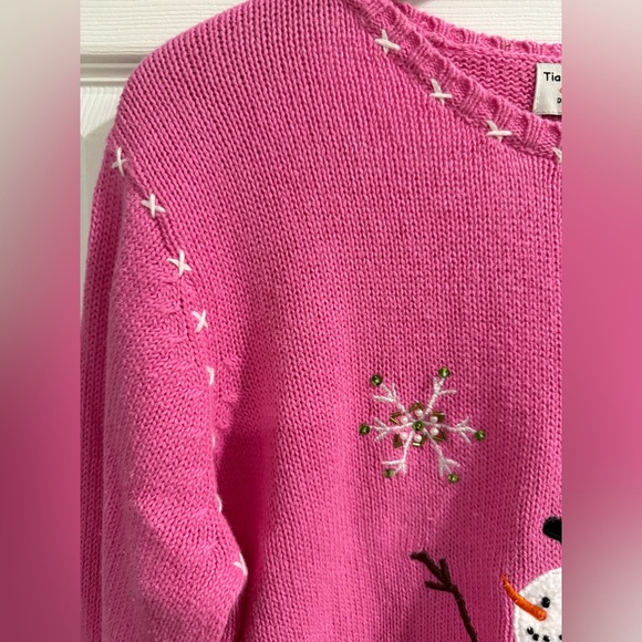 Festive Pink Snowman Sweater Cotton Blend Holiday Snowman - Picture 3 of 5